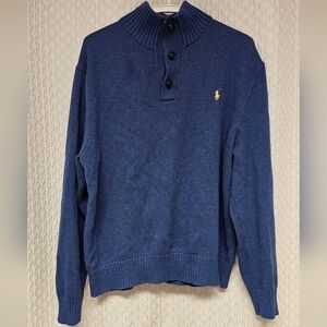 Ralph Lauren Navy Knit Button-Neck Sweater with Yellow Pony